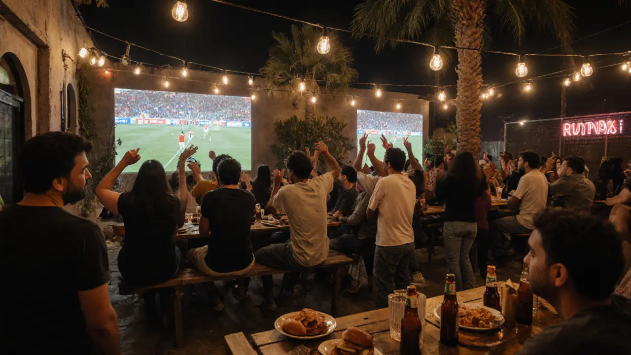 Local fans cheering at a backyard sports bar watching an Asian Cup match under string lights.