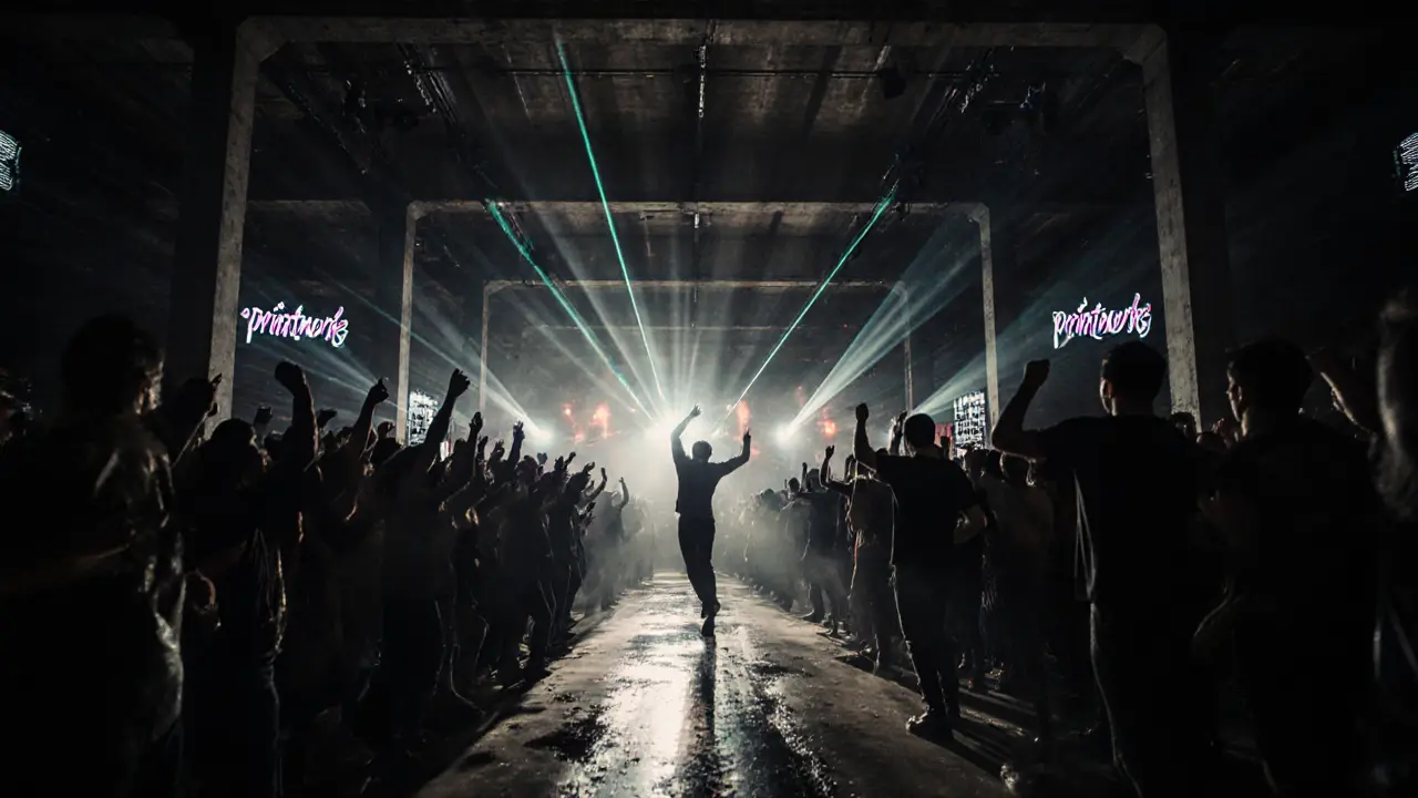Massive warehouse party at Printworks with laser lights and silhouetted dancers under towering speaker systems.