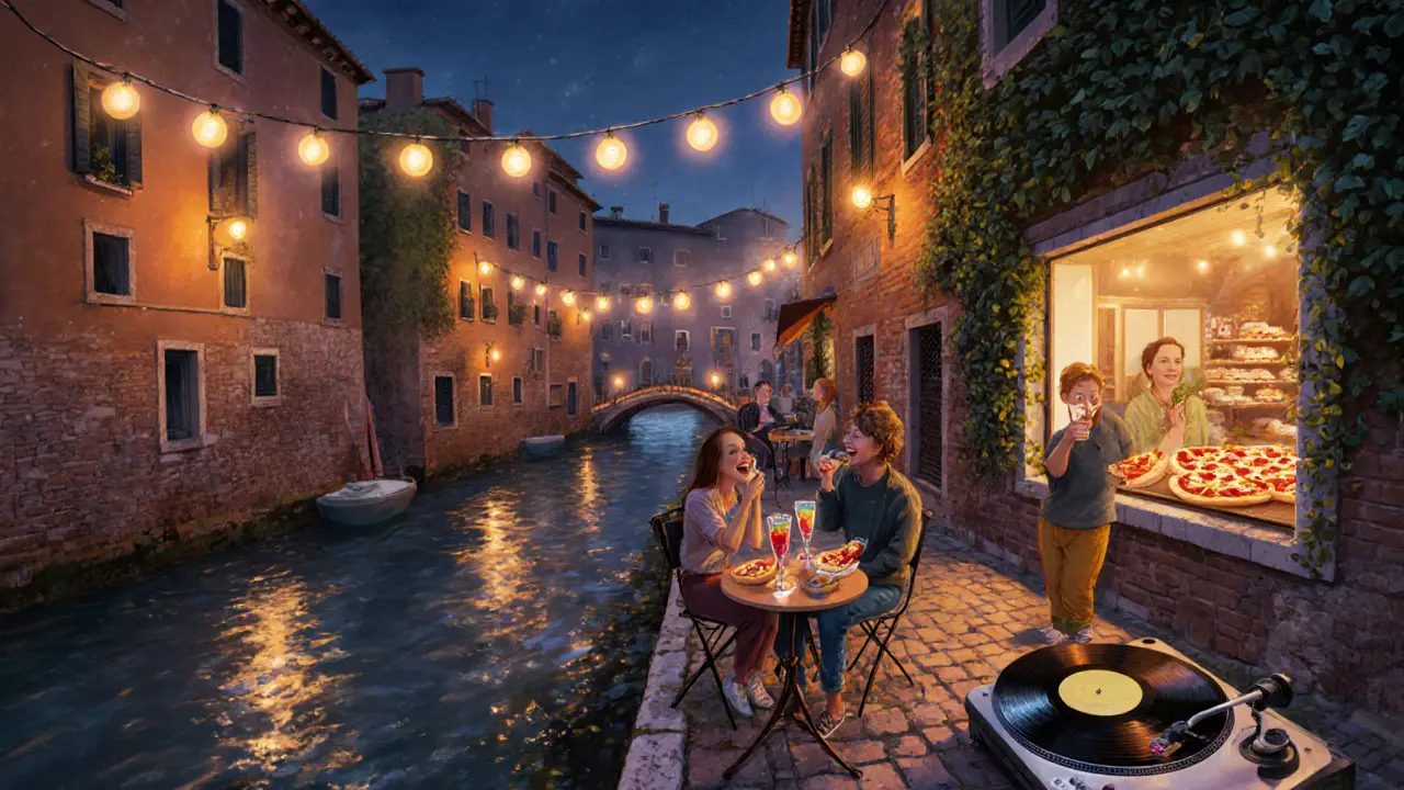 Navigli canals at midnight with people enjoying cocktails and pizza under string lights.