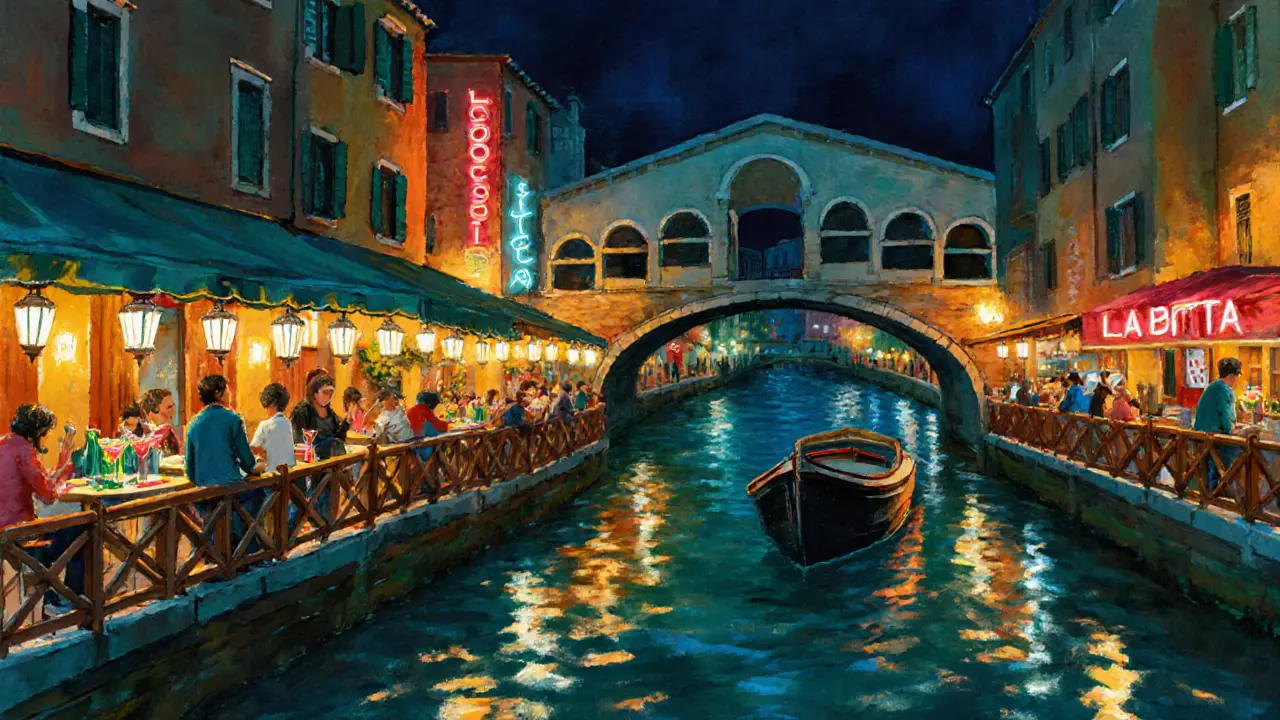 Nighttime view of Navigli canal with lit terraces and reflections on water, people socializing by the edge.