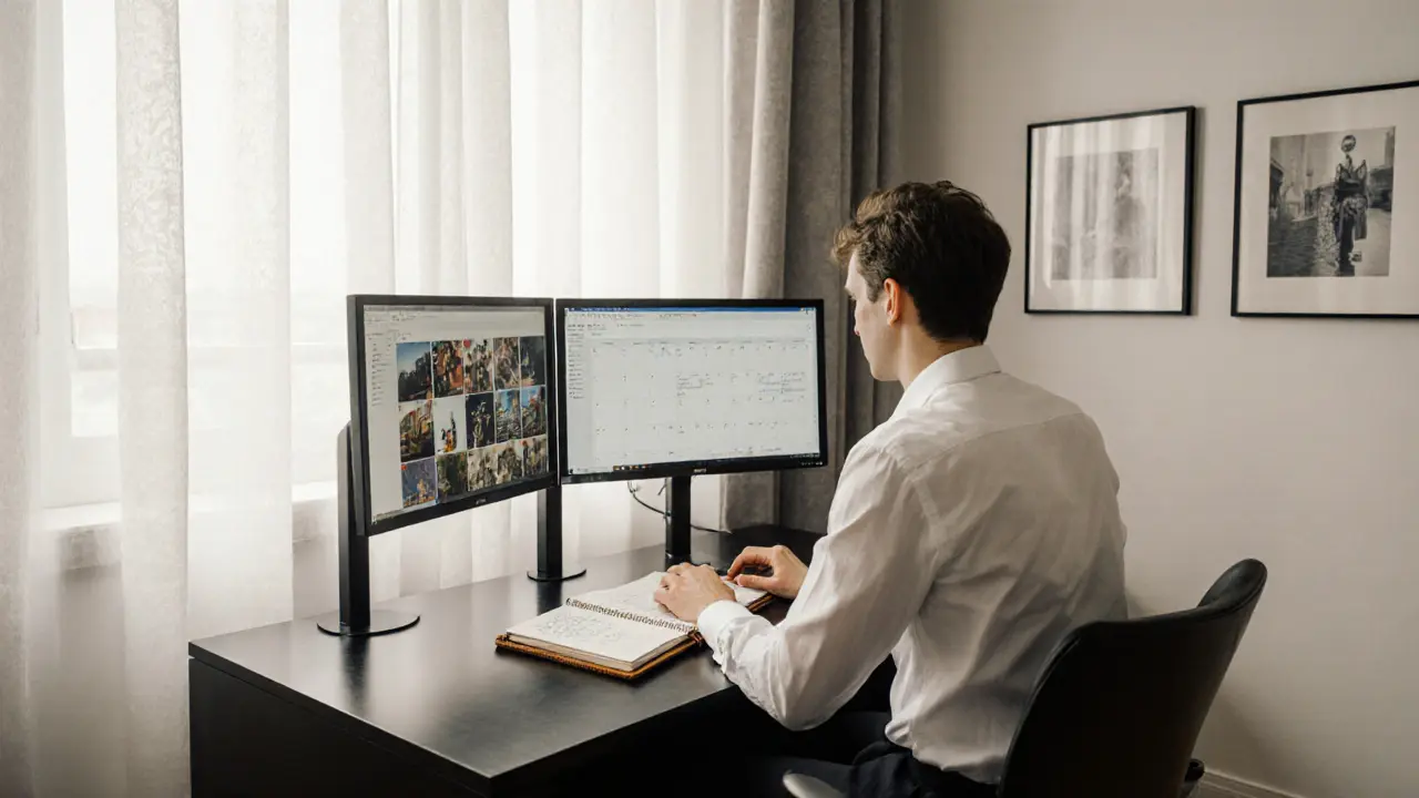 Non-binary professional working from a stylish Milan apartment with dual screens and planner.