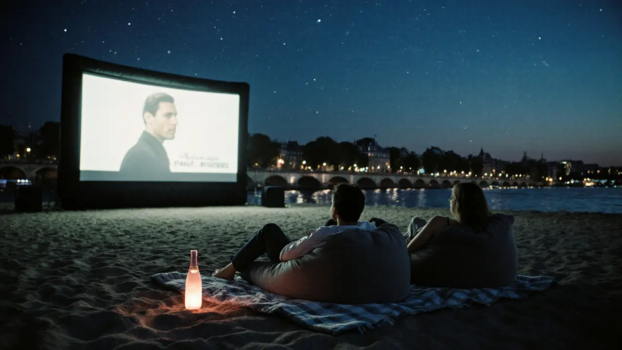 Outdoor cinema at Plage de la Villette at midnight, couples relaxing on beanbags under a screen with stars above.