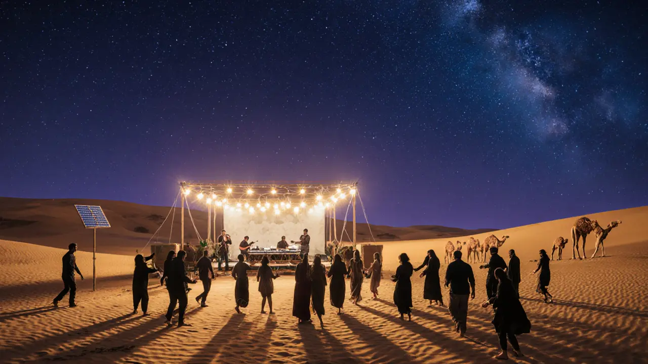 People dancing on desert dunes under starlight with solar string lights and distant camel silhouettes.