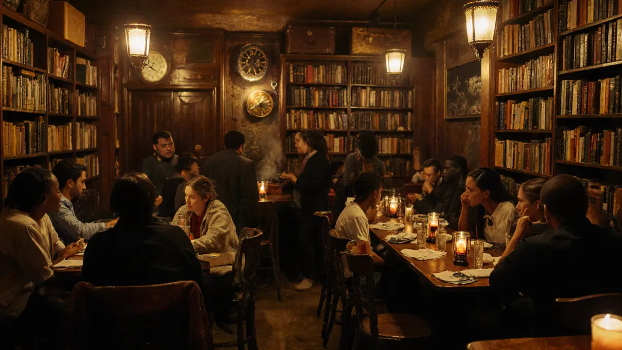 People gather in a hidden bar filled with vintage objects, sipping cocktails under warm lantern light.