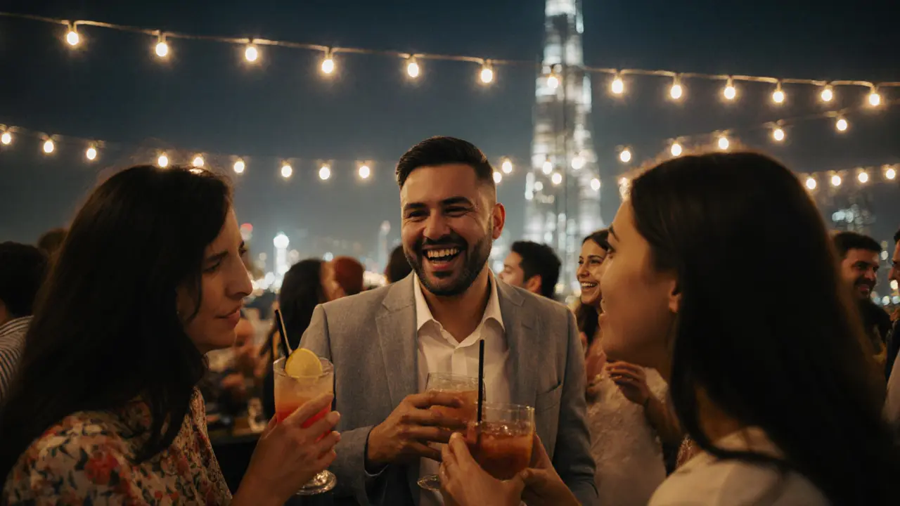 People laugh and mingle at a bright Dubai rooftop bar, enjoying authentic social connection under city lights.