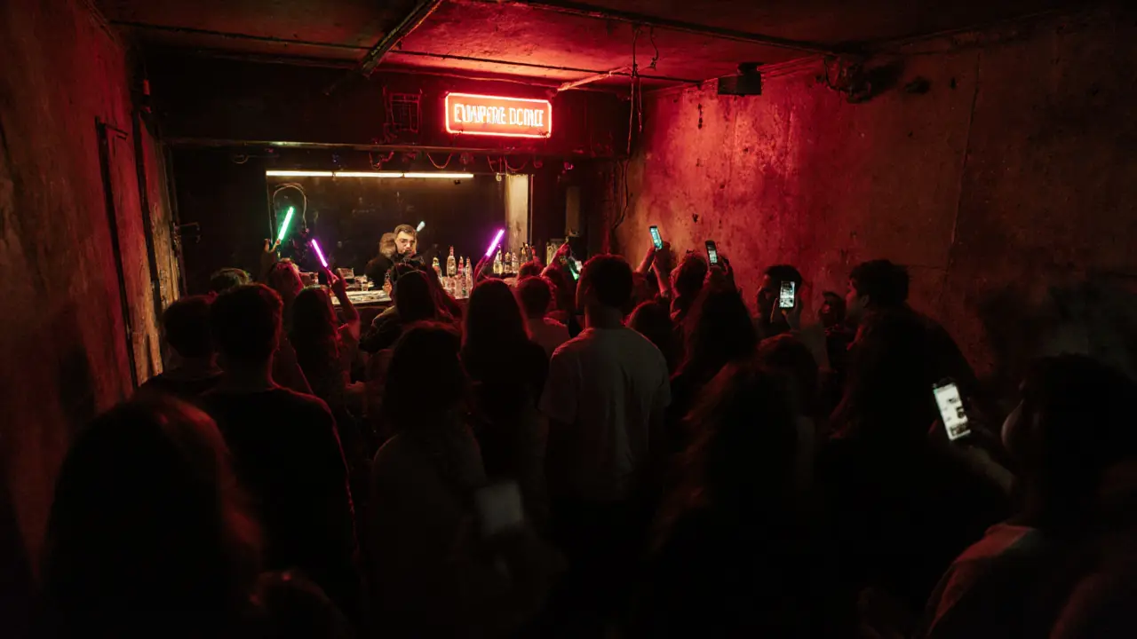 People packed in a dim, concrete underground club with flickering red lights and electronic music.