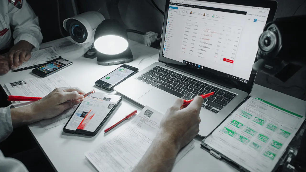 Police forensic team examining digital devices with highlighted financial and message evidence.