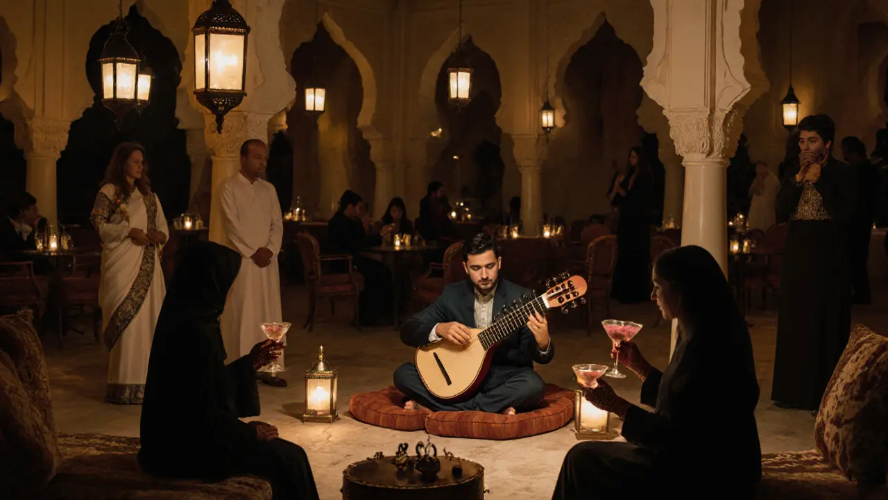Quiet cultural lounge with live oud music and guests sipping Arabic cocktails under lantern light