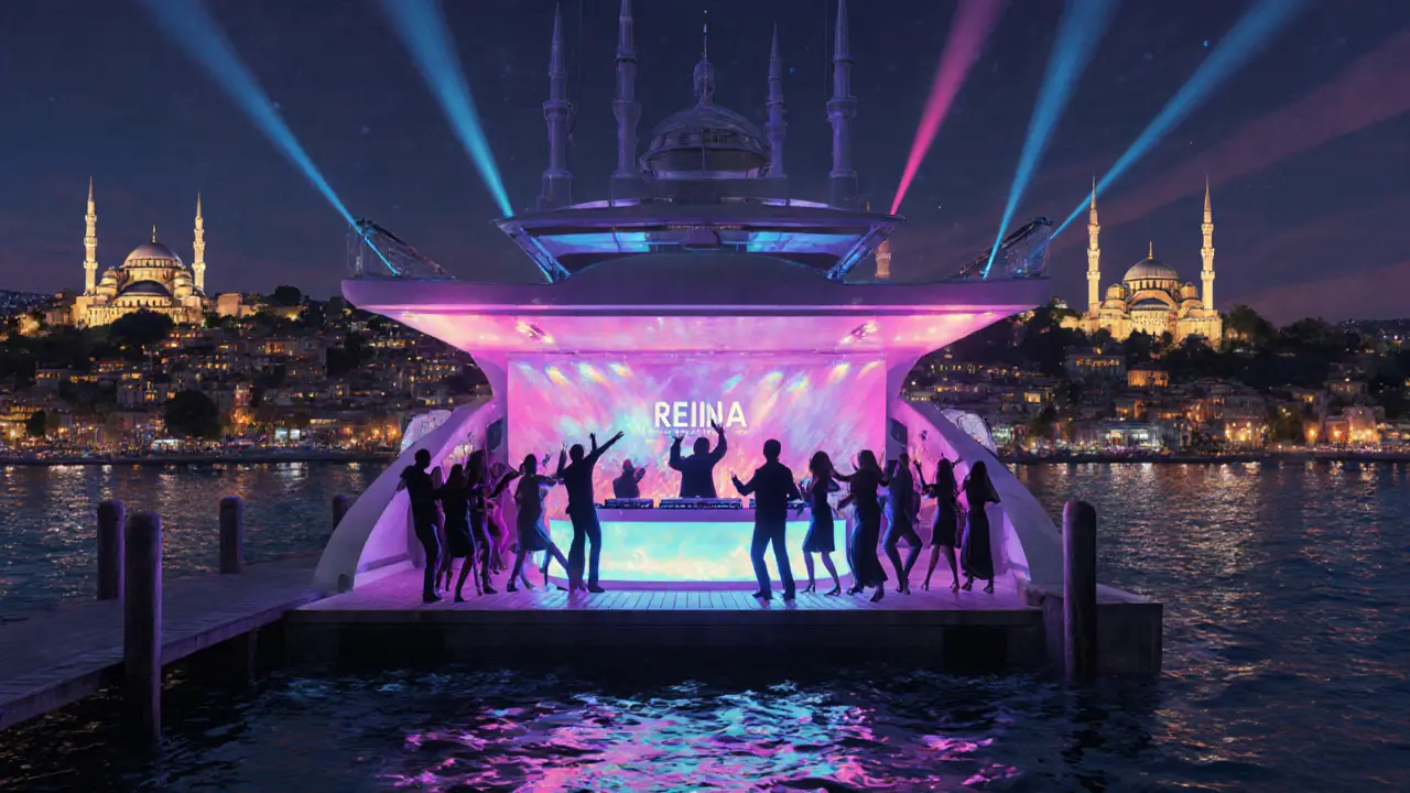 Reina nightclub on the Bosphorus with guests dancing under colorful lights and city skyline.