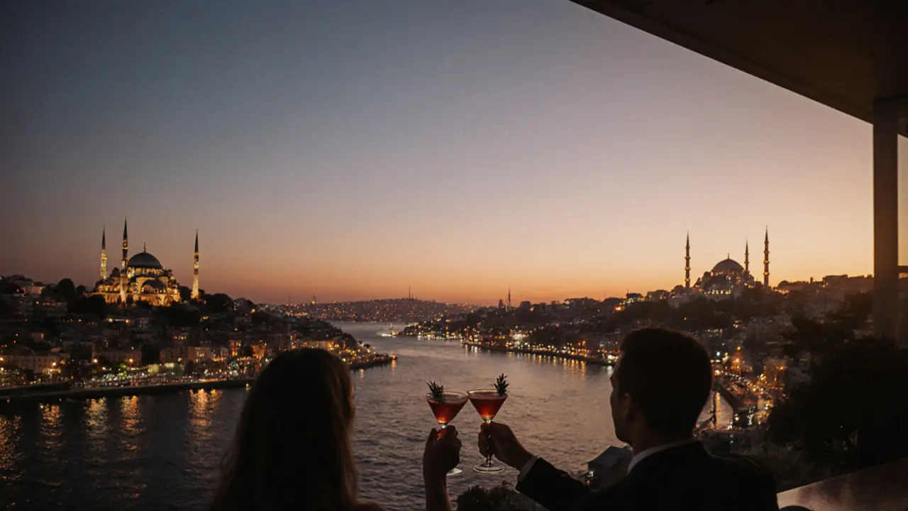 Rooftop cocktail view at sunset over Istanbul, minarets and Bosphorus glowing in golden light.