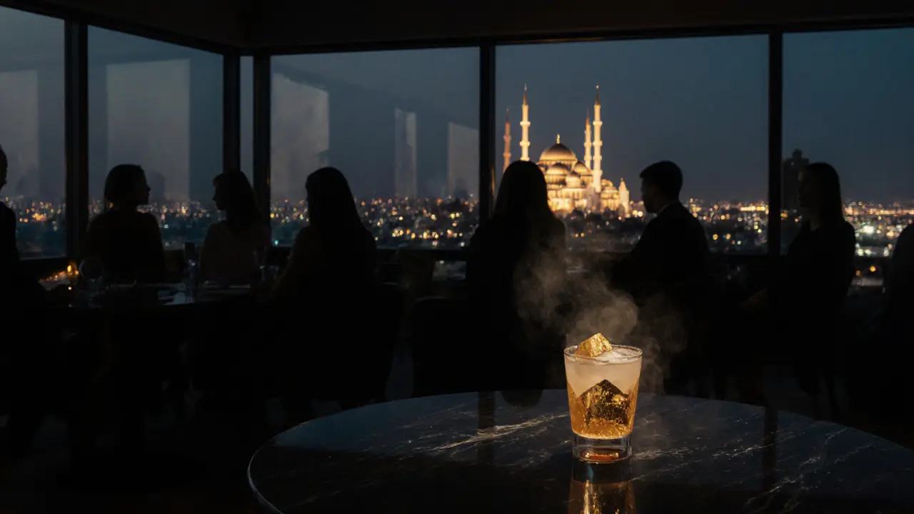 Rooftop lounge at night with the glowing Sheikh Zayed Grand Mosque in the distance.