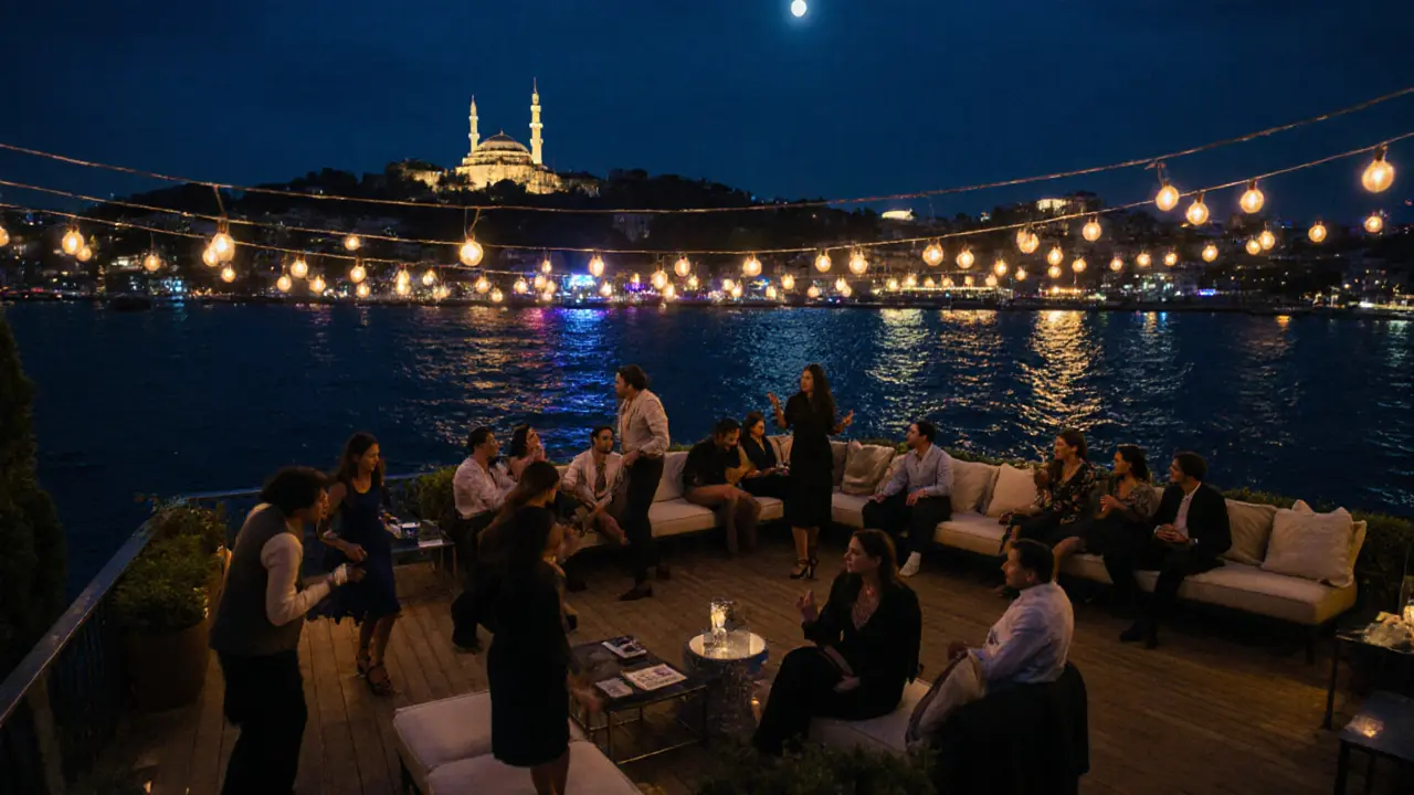 Rooftop lounge at Reina with Bosphorus views, guests dancing under string lights at night.