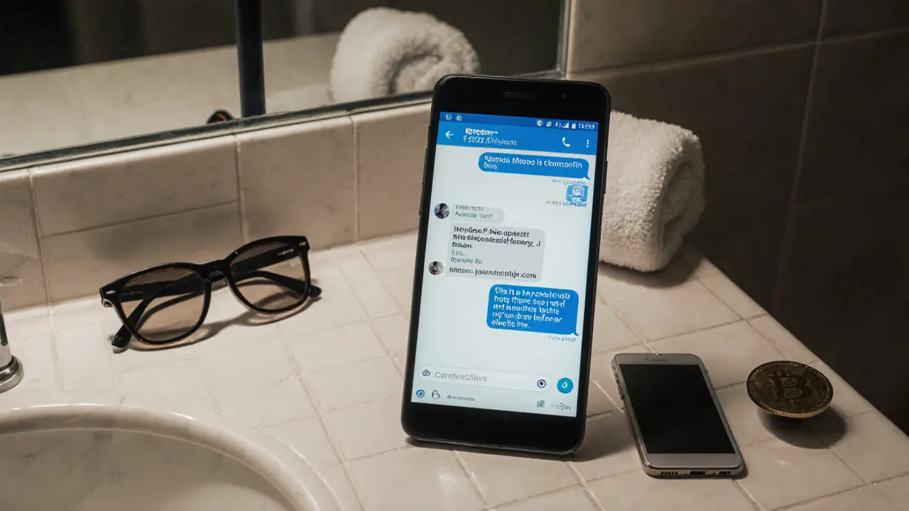 Smartphone screen with encrypted chat and Bitcoin address beside a burner phone.