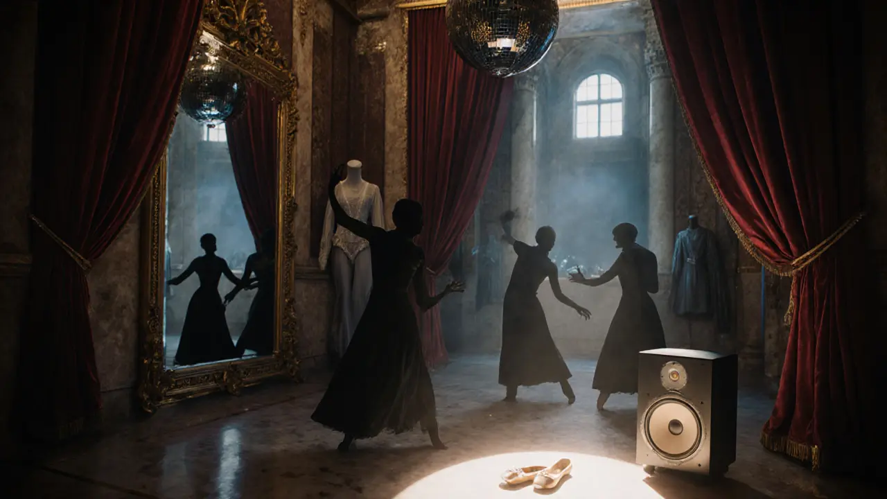 Surreal dance party inside Milan&#039;s opera house backstage with gilded mirrors and ghostly costumes.