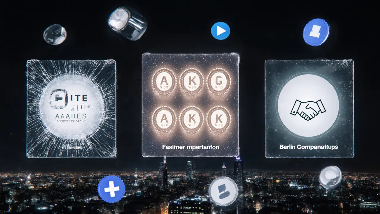 Three floating glass panels showing agency logos with symbols of trust, payment, and health verification.