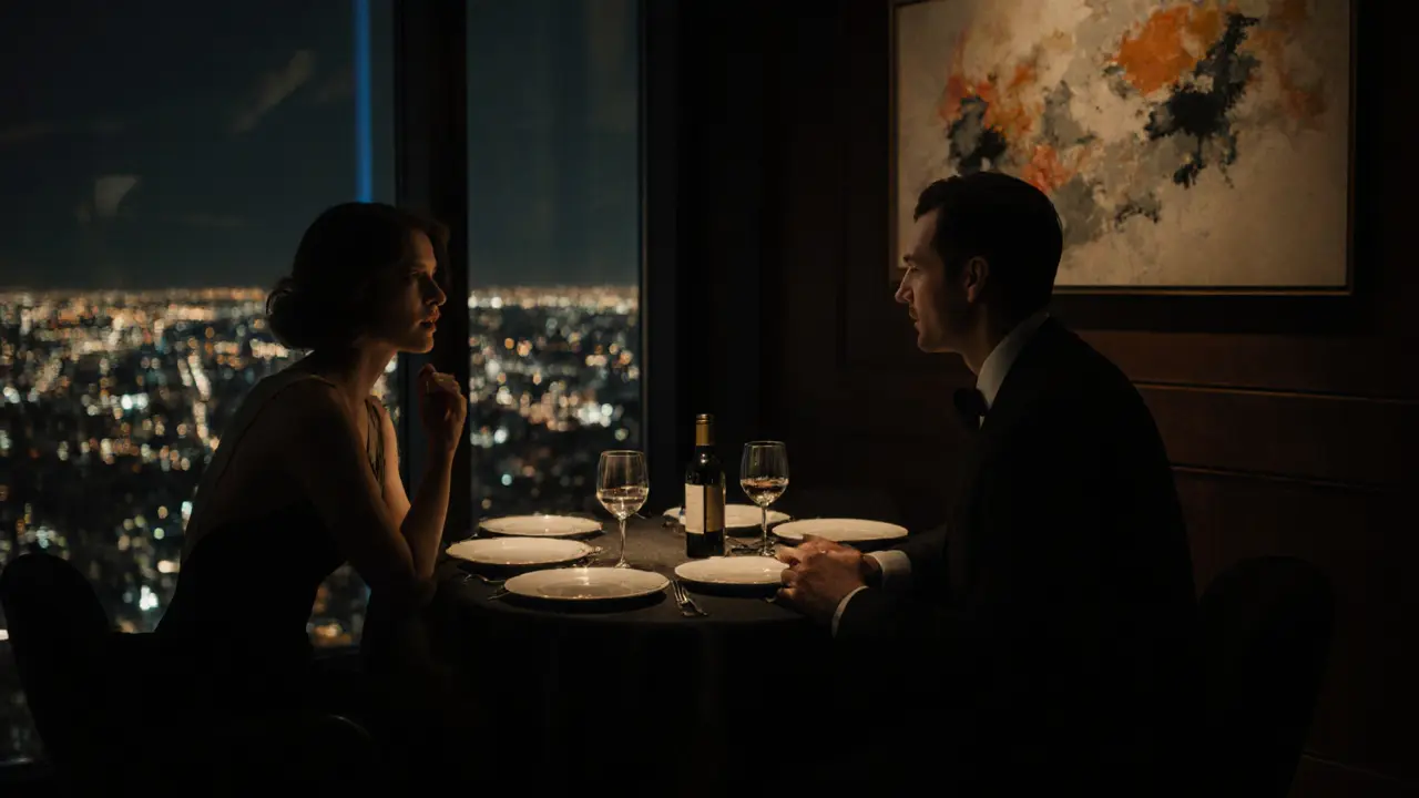 Two elegant figures conversing quietly in a private lounge with fine dining and city lights in the background.
