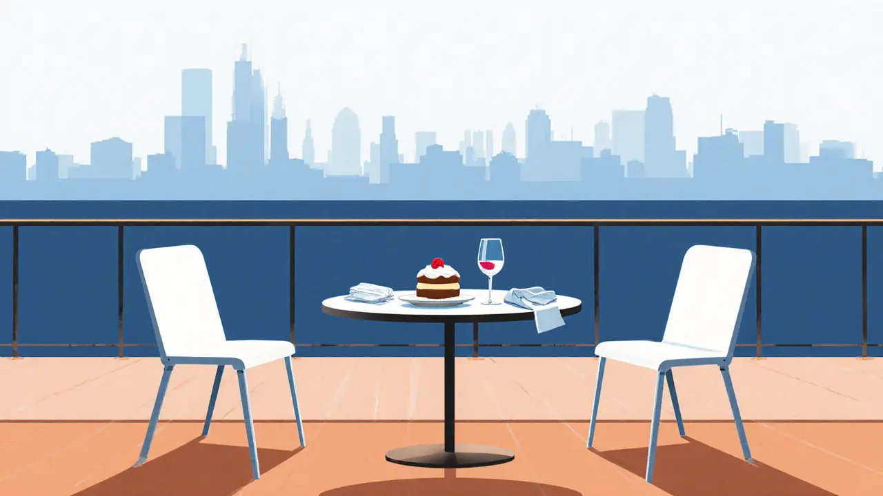 Two empty chairs on a Milan balcony, a half-eaten tiramisu and folded napkin suggest a quiet, meaningful moment.