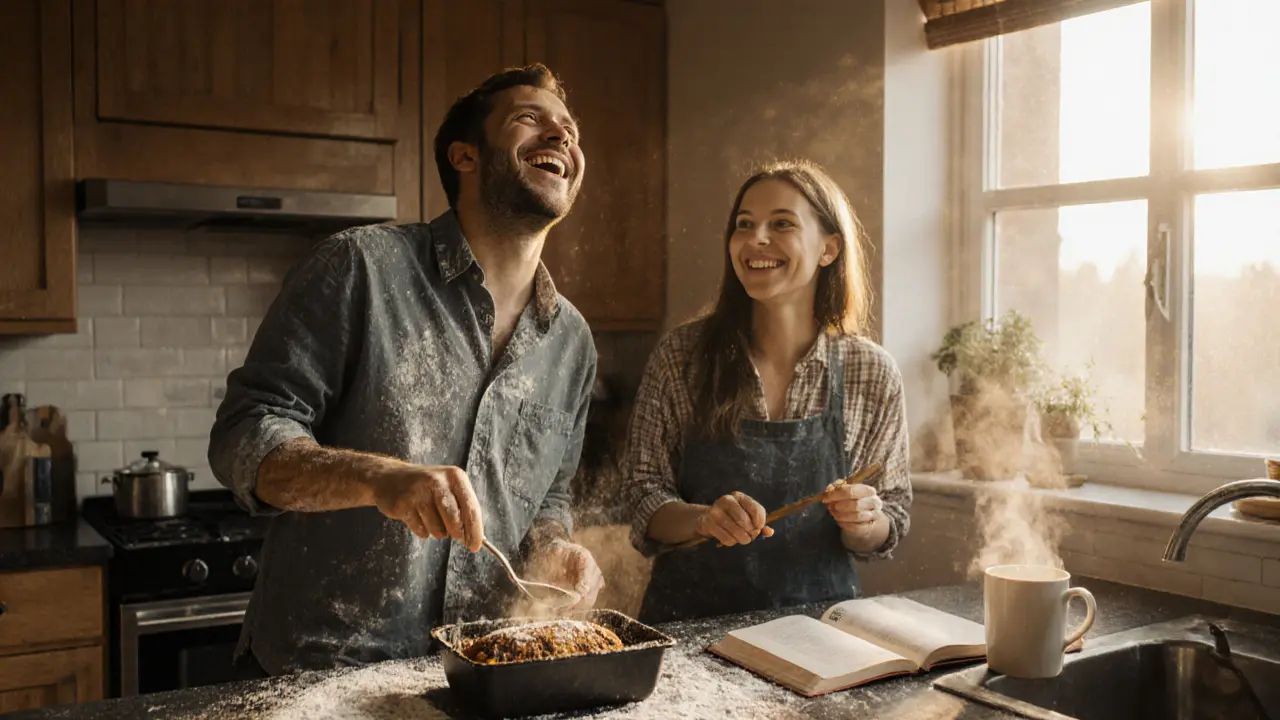 Two people laugh in a kitchen after burning banana bread, flour on their clothes, dawn light streaming in.