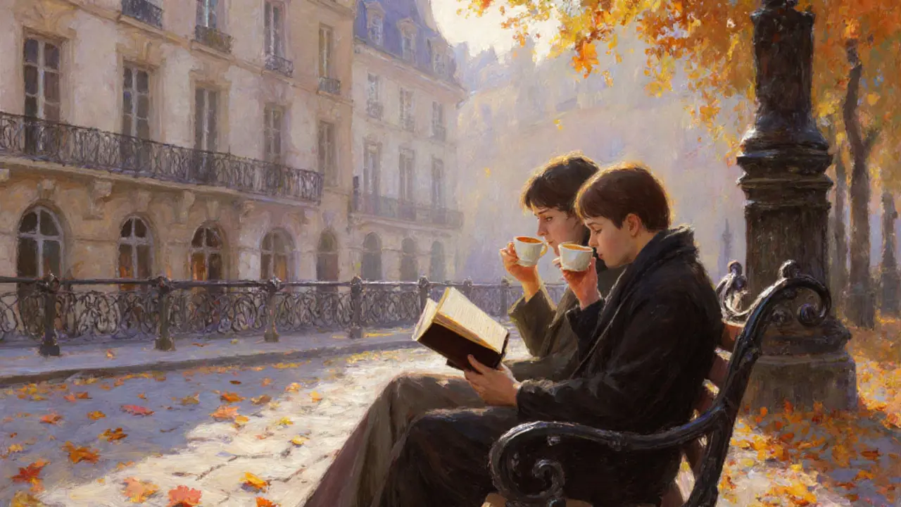 Two people sit quietly on a bench in Place des Vosges, reading and sipping tea among autumn leaves.