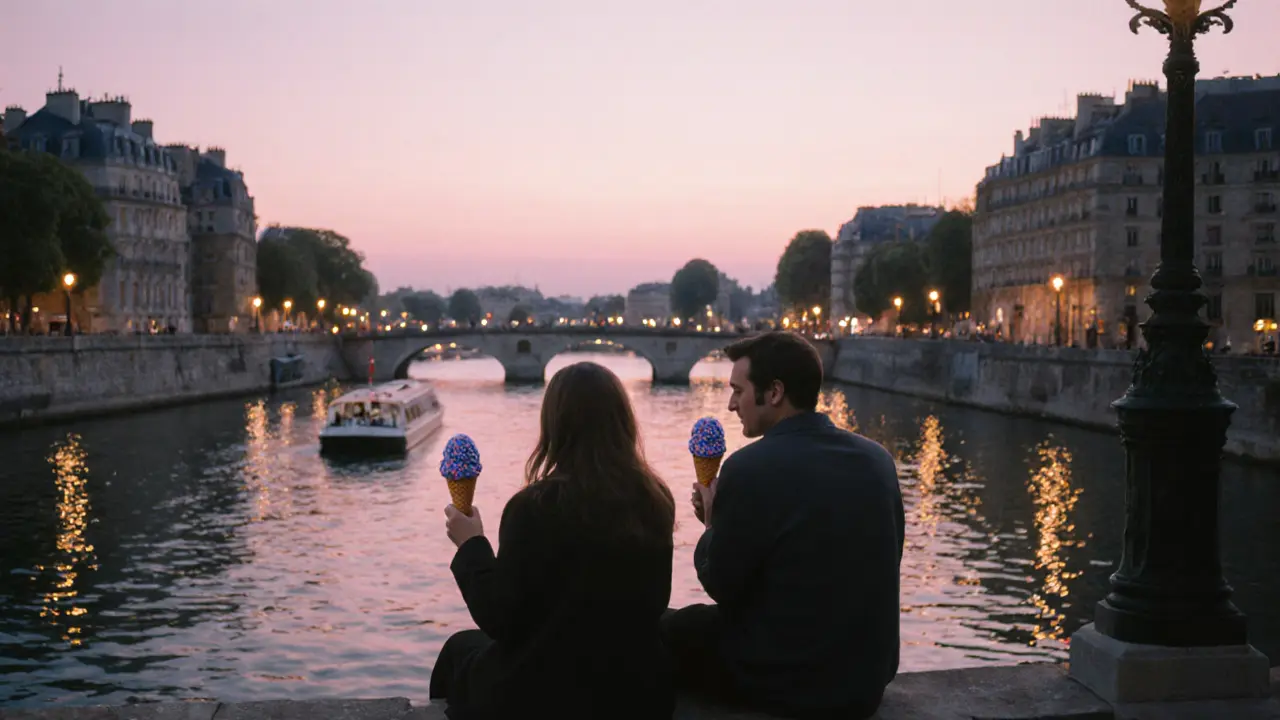 Two people sitting by the Seine on Île Saint-Louis, holding ice cream as boats drift past at dusk.