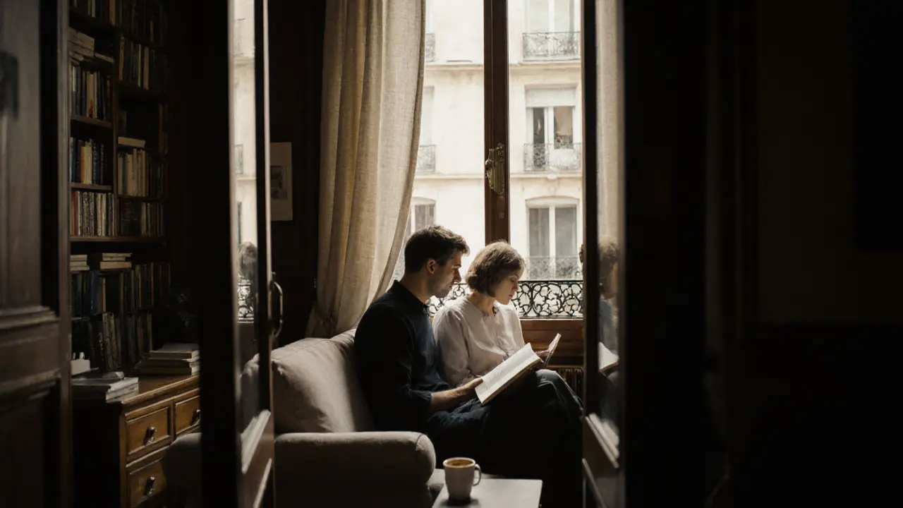 Two people sitting in silent comfort in a cozy Parisian apartment, sunlight streaming through curtains.
