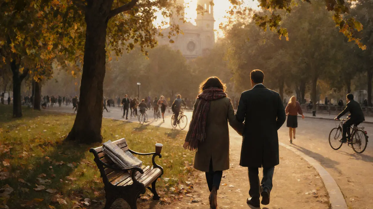 Two people walk peacefully through Hyde Park at sunset, surrounded by city life but isolated in their quiet conversation.