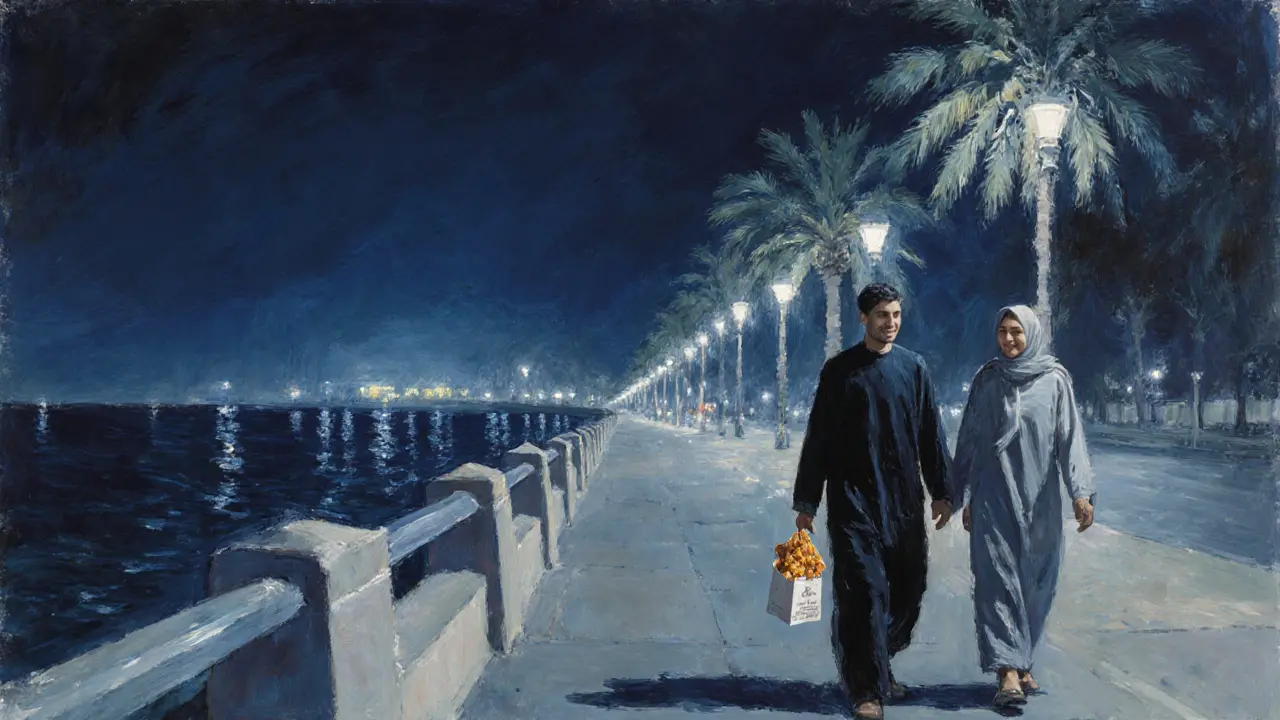 Two people walking peacefully along the Corniche at night, holding kunafa, under palm trees.