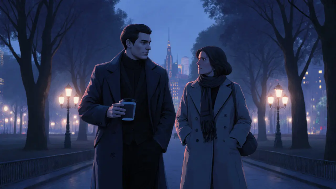 Two people walking peacefully through Tiergarten Park at twilight, engaged in quiet conversation.