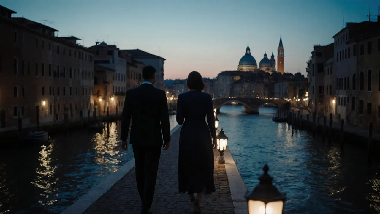 Two silhouettes walk side by side along Navigli canal at twilight, lanterns reflecting on water.