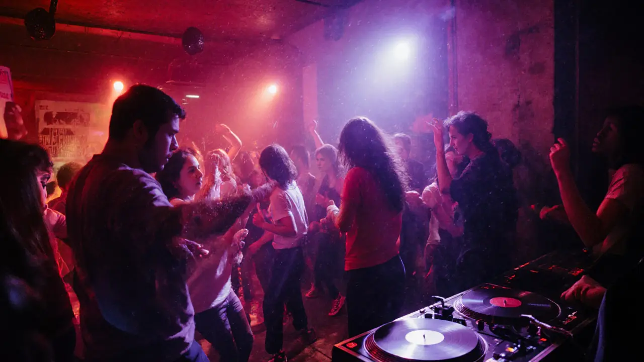 Underground club Arkaoda with crowded dance floor and vibrant strobe lighting.