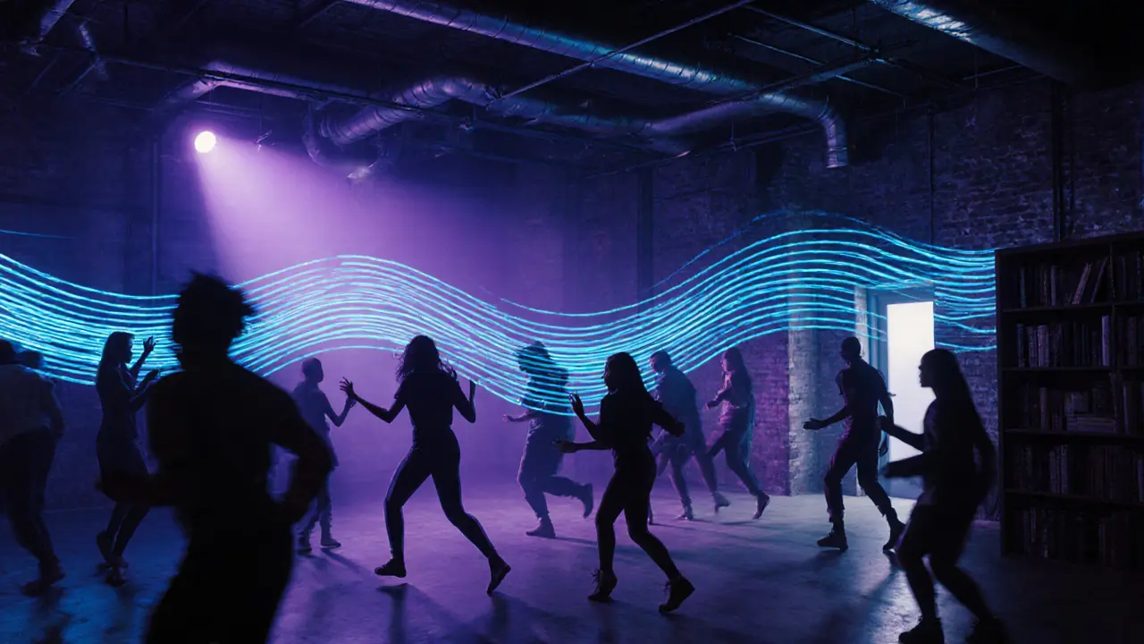 Underground club in Zone 1 with strobing lights and silhouetted dancers lost in music, industrial setting.