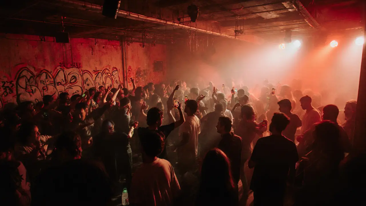 Underground techno club in a warehouse with dim lighting and dancers moving to music, no luxury elements.