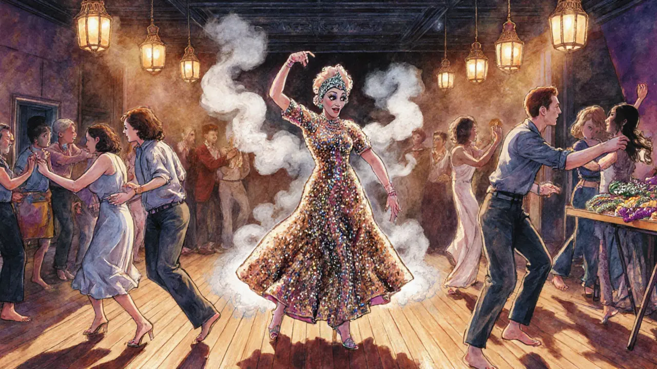 Vibrant dance floor at Le Club with drag performer, diverse guests, and warm ambient lighting.