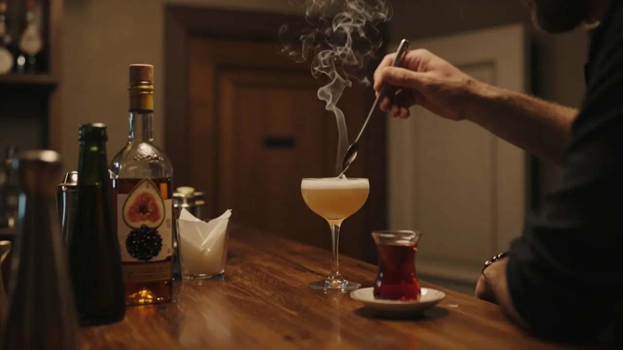 A bartender mixing a unique cocktail in a dimly lit hidden bar with warm wooden tones.