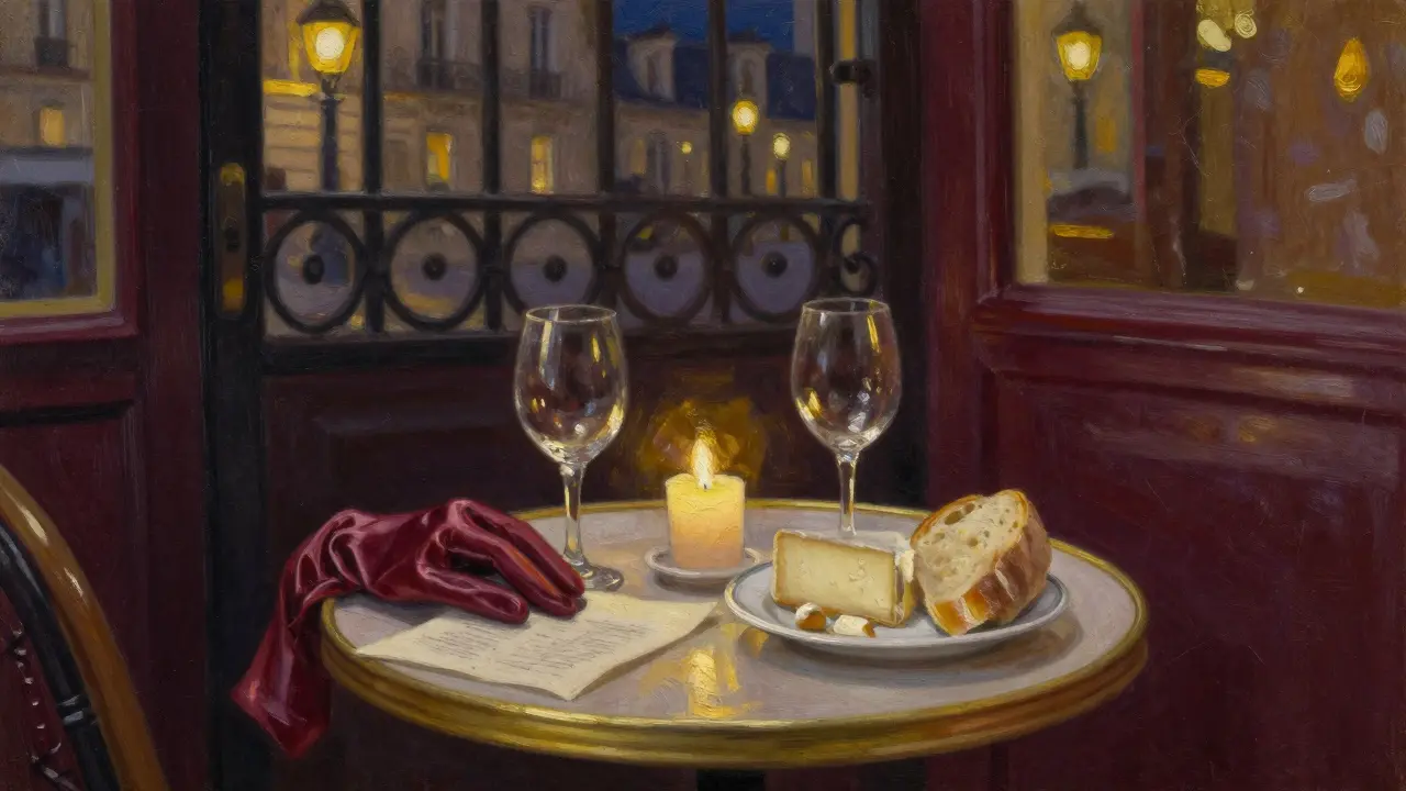 A candlelit bistro table holds wine glasses and a folded letter, evoking a quiet, intimate moment.