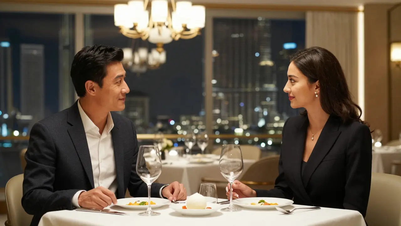 A client and companion share a quiet dinner in a luxurious Dubai restaurant, engaged in polite conversation.