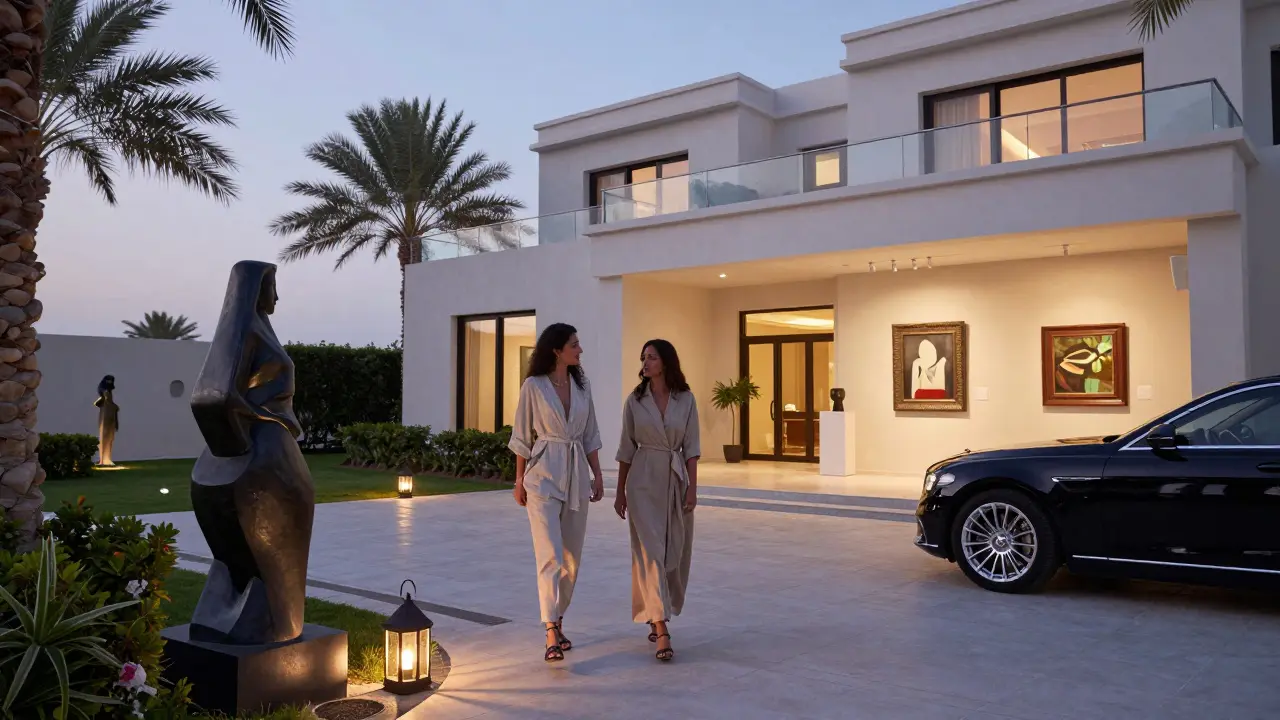 A companion guiding a client through an art exhibition at a private Palm Jumeirah villa at dusk.