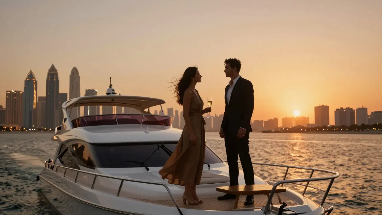 A couple on a private yacht at sunset, overlooking Dubai’s glittering skyline, dressed in refined evening wear.
