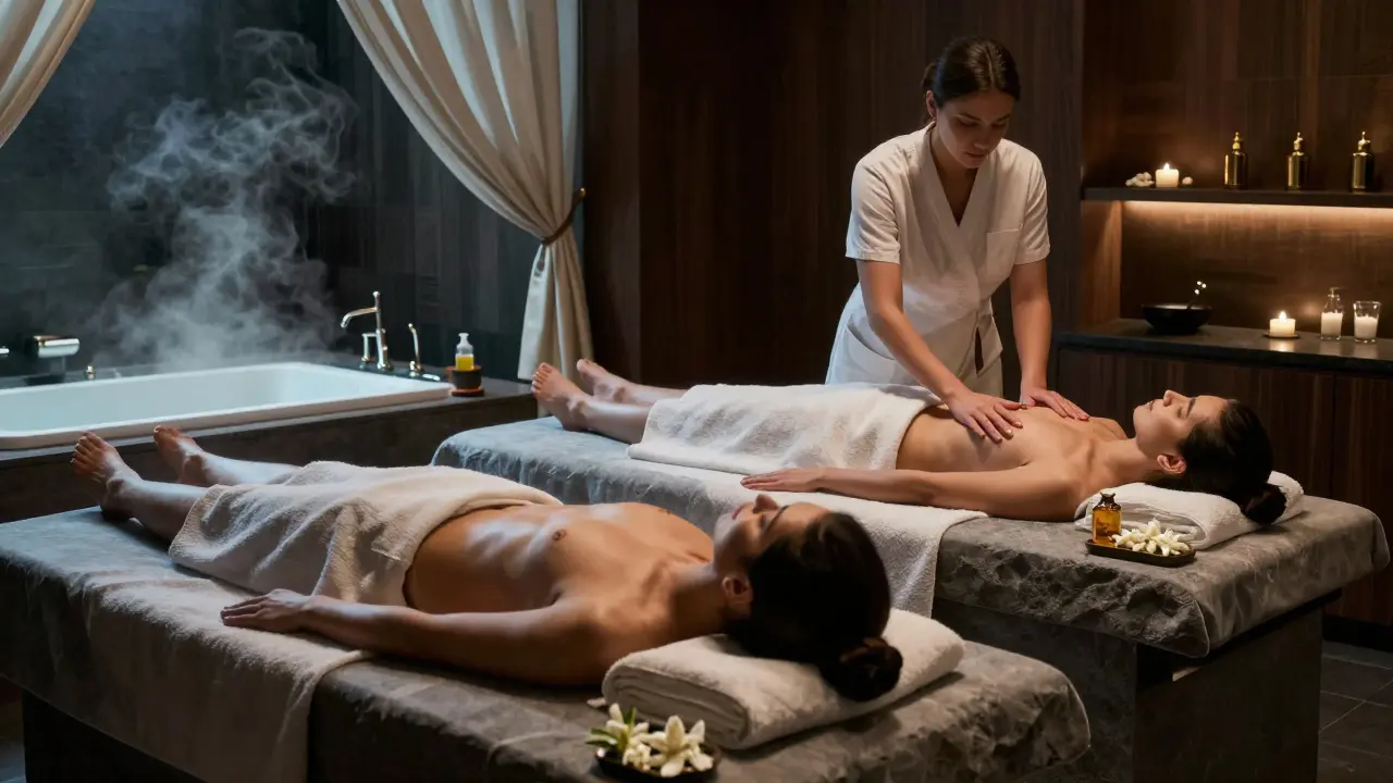 A couple receiving synchronized massage in a dim, luxurious spa room with steam and warm stone tables.