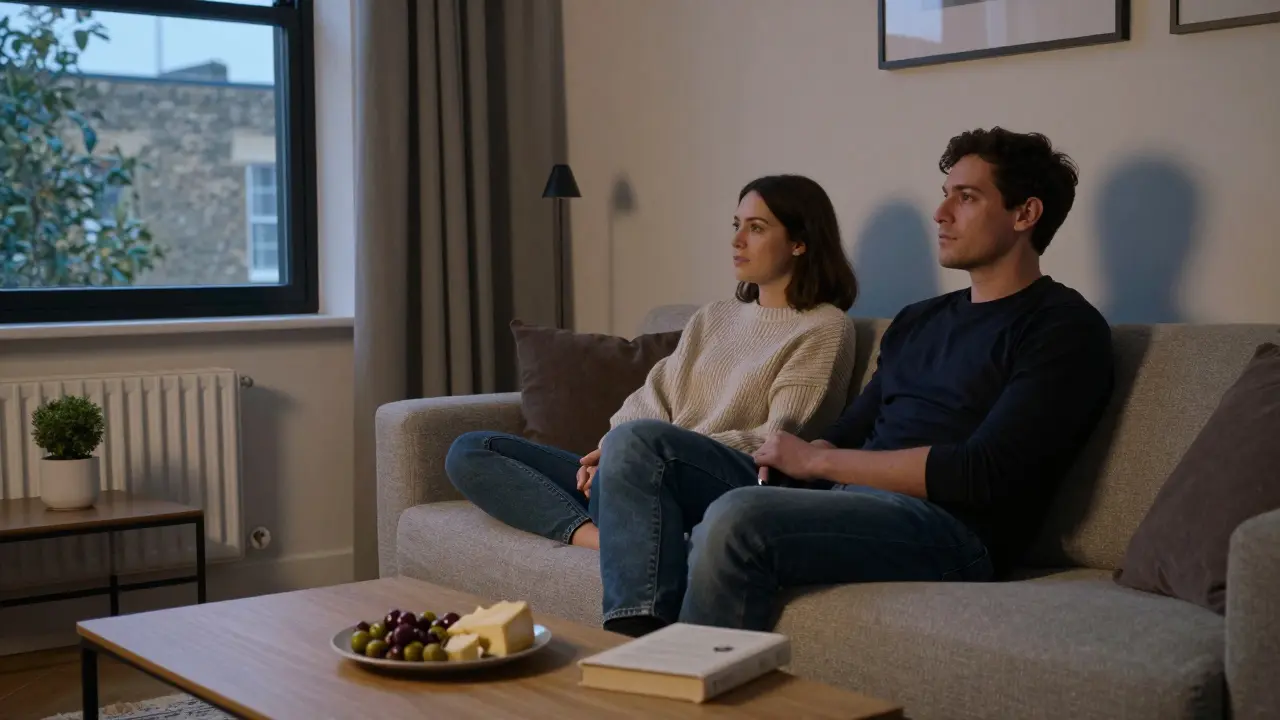 A couple relaxes comfortably on a sofa in a tasteful apartment, watching a film in peaceful silence.