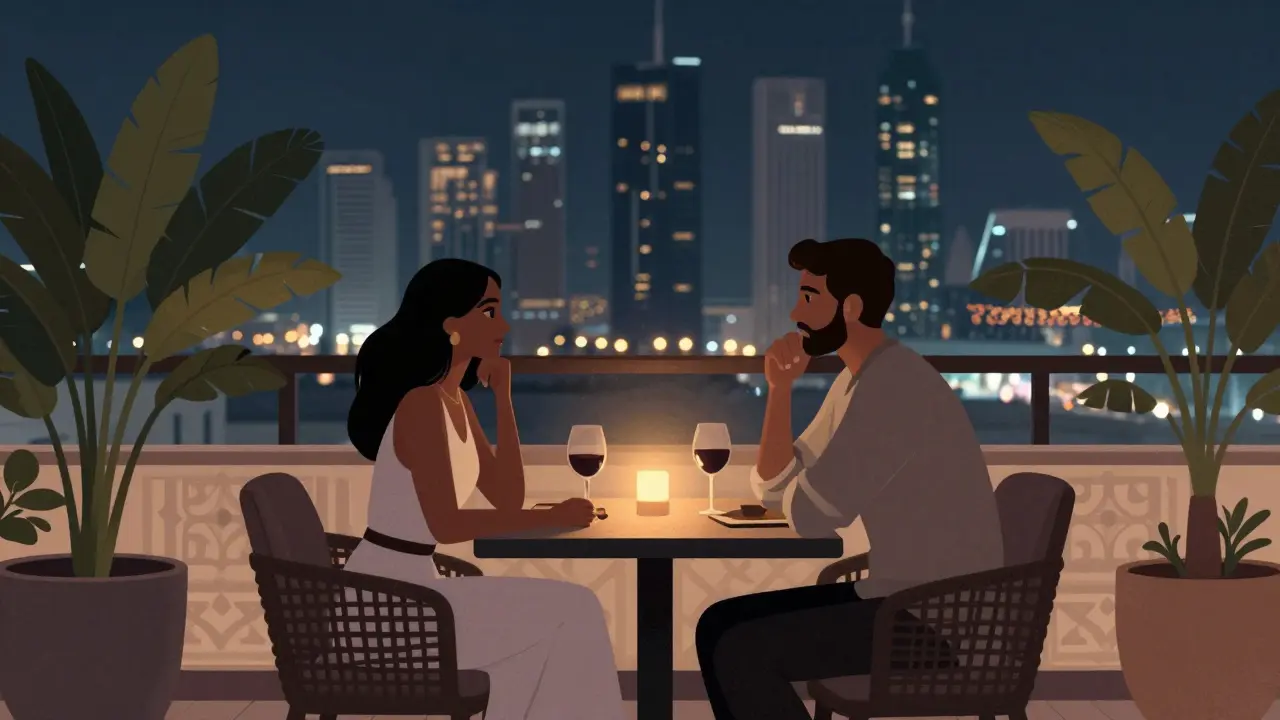 A couple shares a quiet evening on a rooftop lounge in Abu Dhabi, candlelight and city lights creating a serene atmosphere.