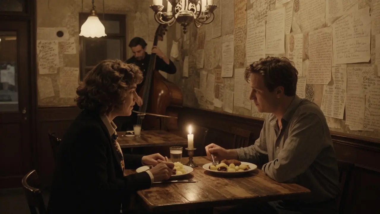 A couple sharing dinner at a historic ballroom with vintage decor and handwritten notes on the walls.