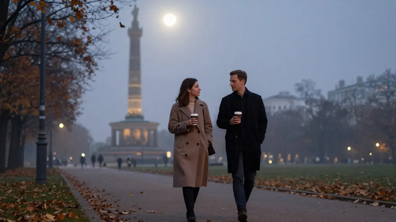 A couple walking peacefully through Tiergarten at sunset, coffee in hand, autumn leaves falling.