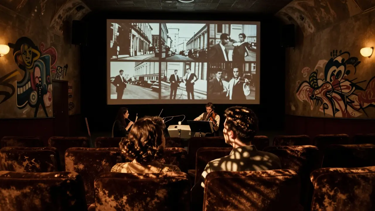 A couple watches a custom film montage in a hidden cinema basement, accompanied by a live orchestra in the dim glow of projected historical footage.