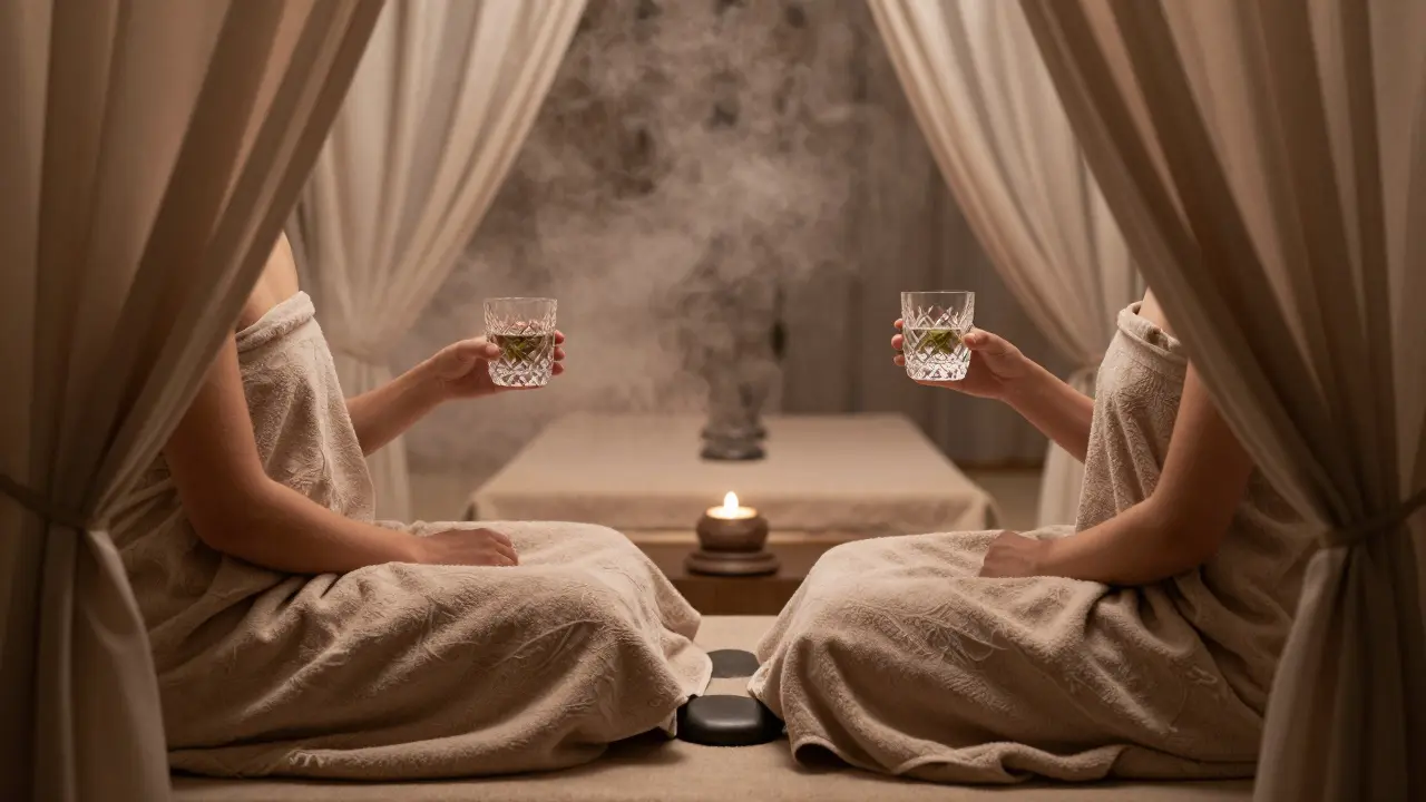 A couple wrapped in towels, sipping water in a quiet, misty spa lounge with cedar-scented air.
