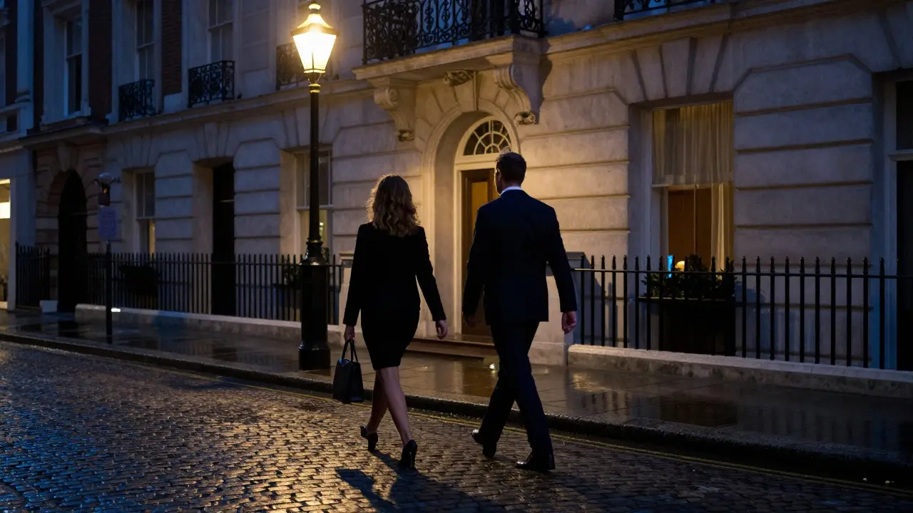 A discreet departure from a London hotel at night, shadows stretching under a streetlamp.