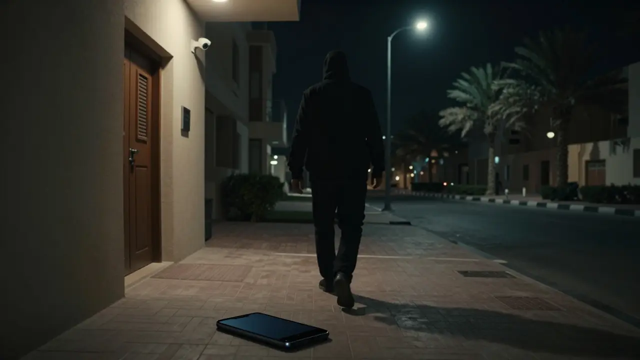 A figure walks away from a secure apartment entrance as a security camera glints, a discarded phone lies on the ground.