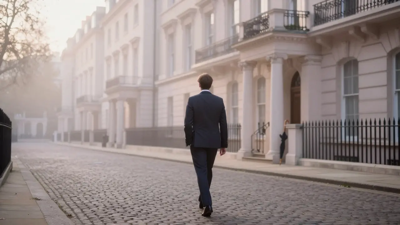 A gentleman walks away from a townhouse at dawn, head held high, mist rising around him.