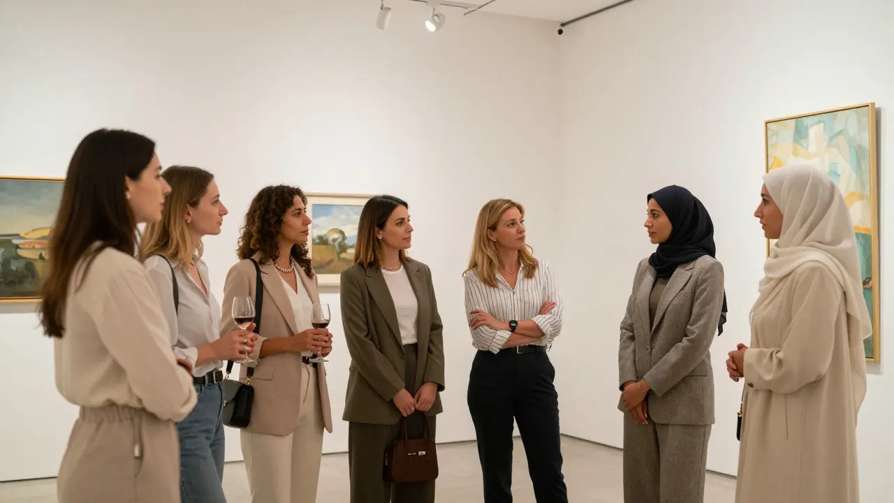 A group of professional women in a Dubai art gallery engaging in thoughtful conversation with clients.