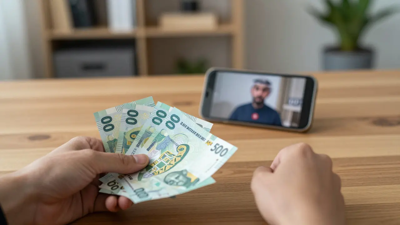 A hand placing cash on a table beside a blurred video call screen.